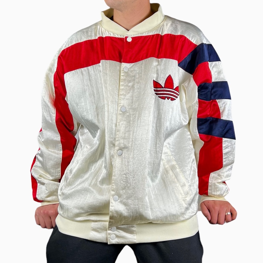 Vintage Men's Adidas Puffer Jacket XL Red White Blue Big Logo Spellout RARE USA